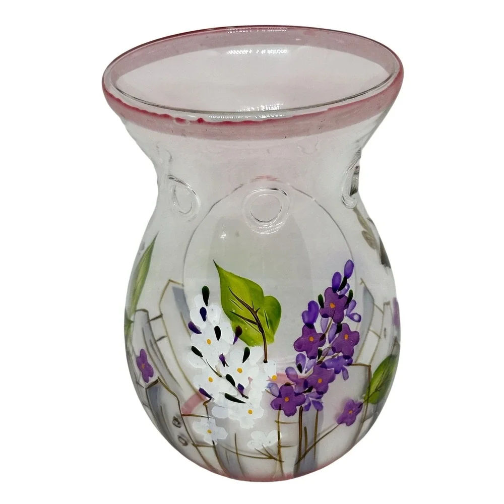 VTG Hand Painted Glass Oil Wax Warmer Lilac Floral Butterfly Clear Pink Trim